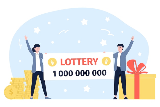 Happy jackpot winner Lottery game people holding winning check Lucky guys business and investments Flat vector recent couple with big win Victory concept of happy winner illustration