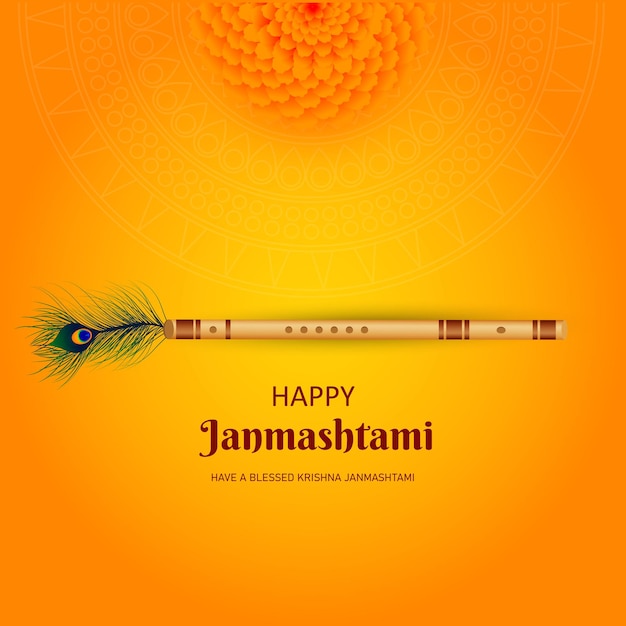 Happy janmashtami card with peacock feather and flute.