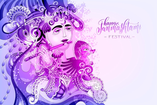 Happy janmashtami celebration art design with a picture of a krishna who plays the flute