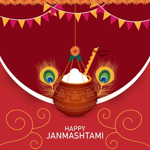 Happy janmashtami festival background with hanging dahi matki