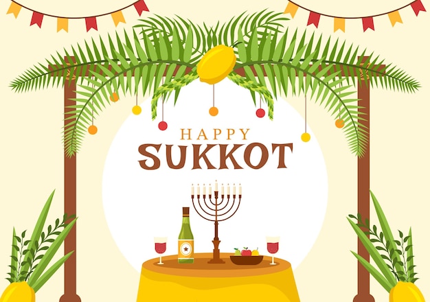 Vector happy jewish holiday sukkot hand drawn cartoon illustration with sukkah and decoration background