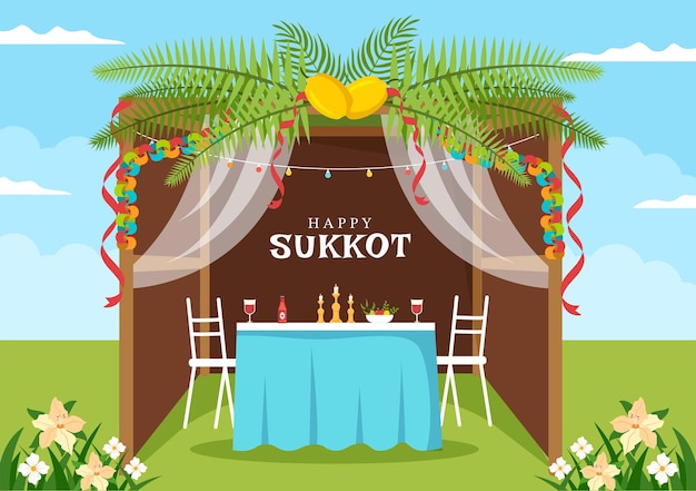 Vector happy jewish holiday sukkot hand drawn cartoon illustration with sukkah and decoration background