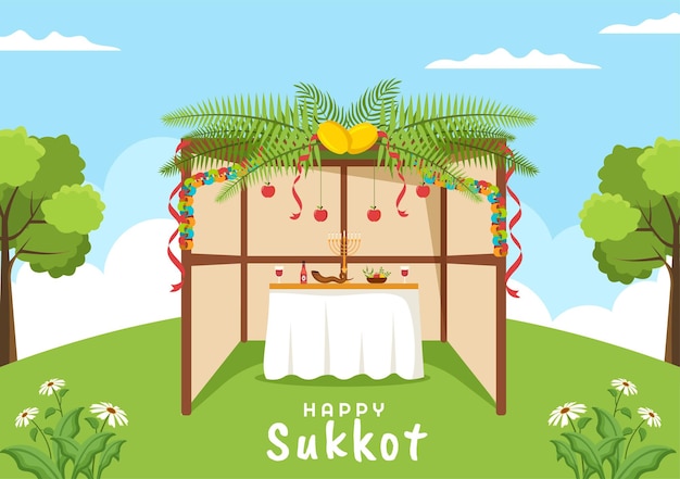 Vector happy jewish holiday sukkot hand drawn cartoon illustration with sukkah and decoration background