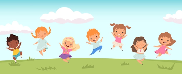 Happy jumping kids. Funny children playing and jumping on meadow. Little people background.