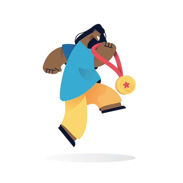 Happy jumping person character with medal trophy on hand. prize reward for goal success target or business career achievement concept vector illustration