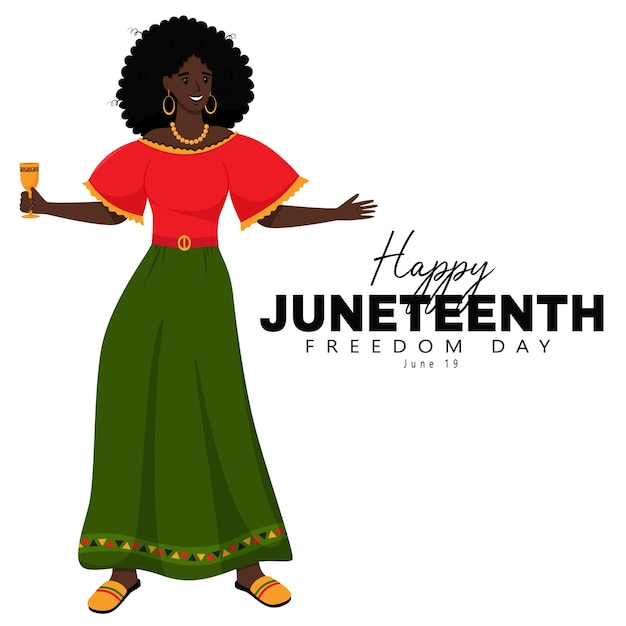 Happy Juneteenth A Cute DarkSkinned Woman With Black Curly Hair In A Dress Holds A Wine Glass In Her Hand AfricanAmerican Freedom Day Flat Vector Illustration Isolated On A White Background