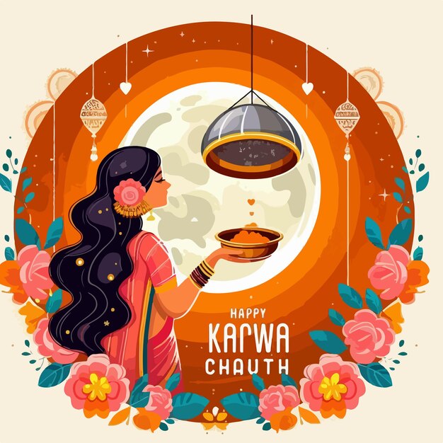 Vector happy karwa chauth indian copule celebration art background design