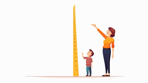 Happy Kid Boy Measuring Height with Mom Cartoon