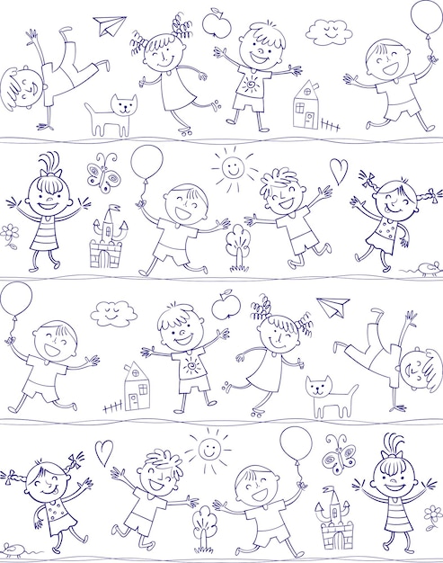 Happy kid cartoon doodle In the style of childrens drawings Seamless pattern Freehand drawing Vector illustration Isolated on white background