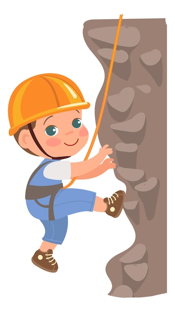 Happy kid climbing rock wall Cartoon boy