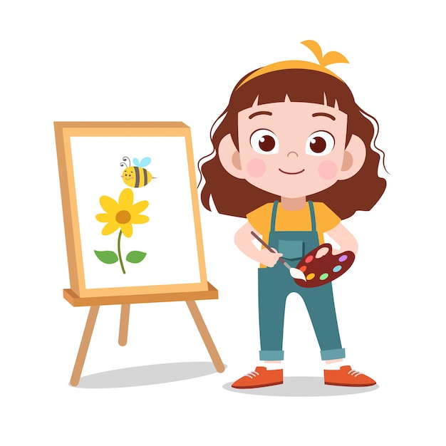 Happy kid draw flower painting 