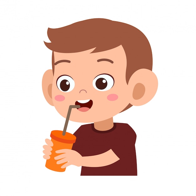 Happy kid drinks juice 