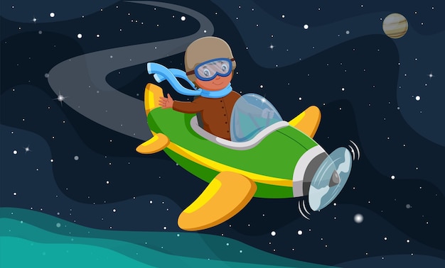 Happy Kid Flying In Airplane Vector illustration