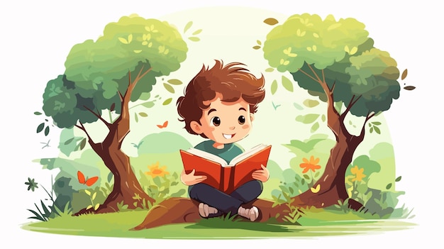 Happy kid reading a book under a tree in a cartoon vector illustration