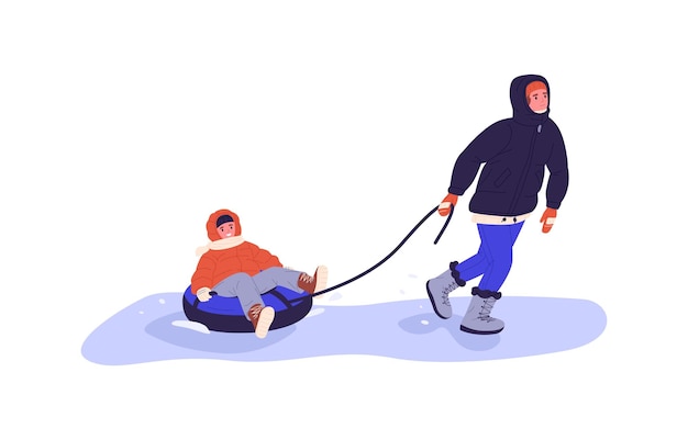 Happy kid sitting in snow tubing friend walking and pulling him with rope Children have fun on winter holidays Boys during wintertime leisure Flat vector illustration isolated on white background