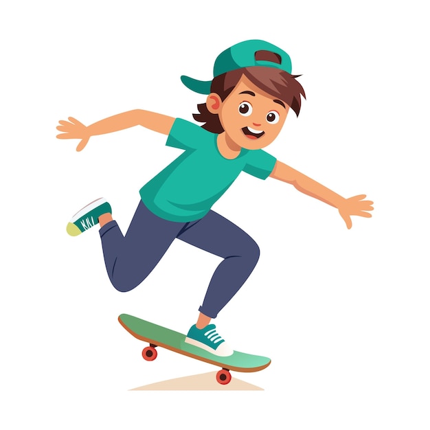 Happy Kid Skateboarding in Green Cap and Sneakers