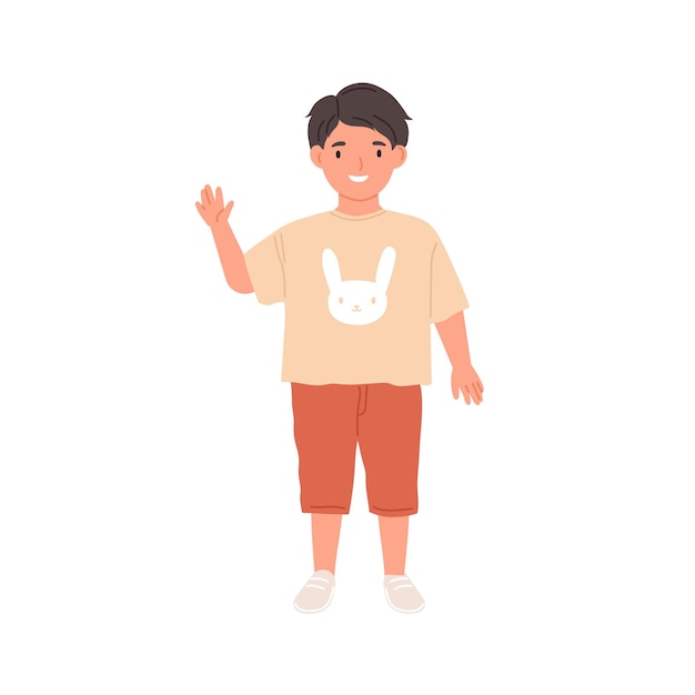 Happy kid waving with hand and saying hello. Hi gesture of smiling child. Portrait of schoolboy or preschooler in t-shirt, shorts and trainers. Flat vector illustration isolated on white background.