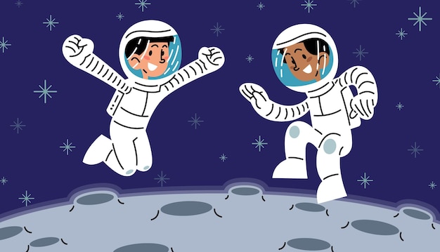 Happy kids astronaut jumping high on the moon flat vector illustration