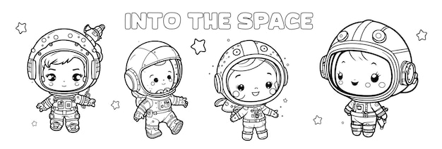 Happy kids astronauts are exploring outer space Vector illustration black and white line art