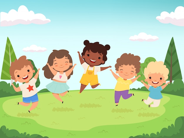 Happy kids background. Funny childrens playing and jumping laughing teen people  characters