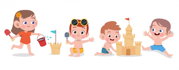 Happy kids beach holiday vector illustration isolated