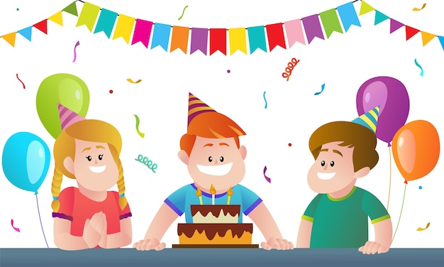 Happy kids birthday party cartoon illustration