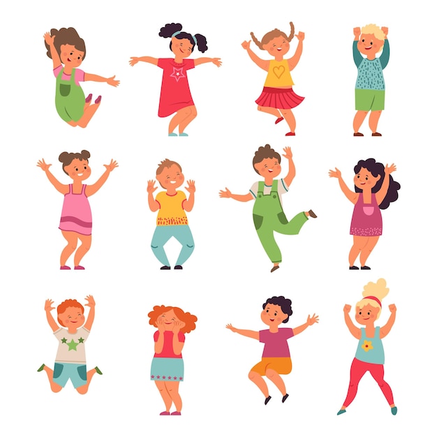 Happy kids. Cartoon children, preschool jumping girls boys. Emotional little funny people playing, isolated cute active friends vector set. Illustration child emotion, preschool children illustration