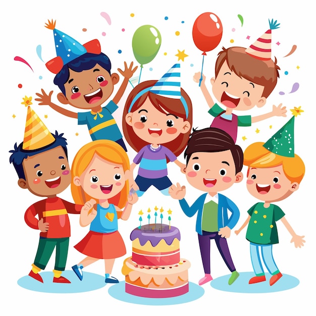 Vector happy kids celebrate birthday with cake and balloons