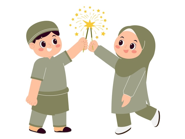 Happy Kids Celebrating Eid Mubarak with Firework Illustration