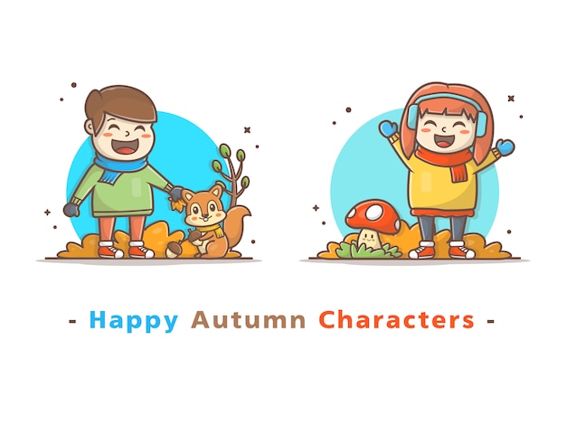 Happy Kids Character Playing in Autumn Season  