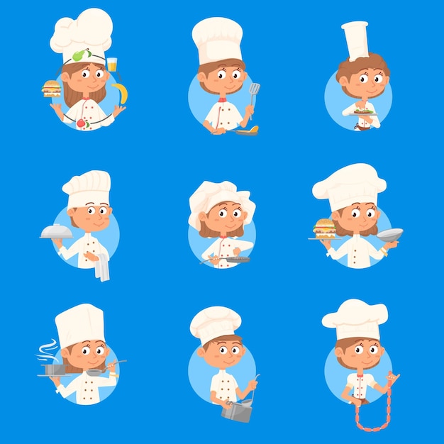 Happy kids chefs Children cook food preparation people Child with meal girl boy avatars for restaurant menu Kitchen labels decent vector set