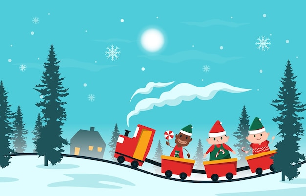 Happy Kids Children Playing Train Winter Christmas Illustration