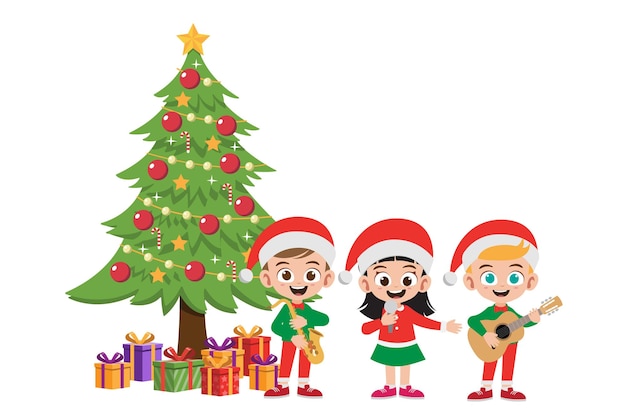 Happy kids in Christmas costumes sing musical in front of Christmas 
 tree vector illustration