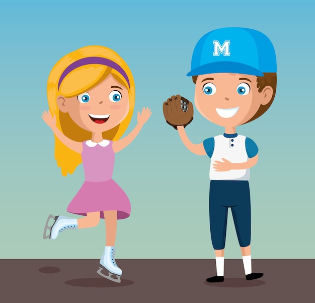 happy kids couple playing sports characters 