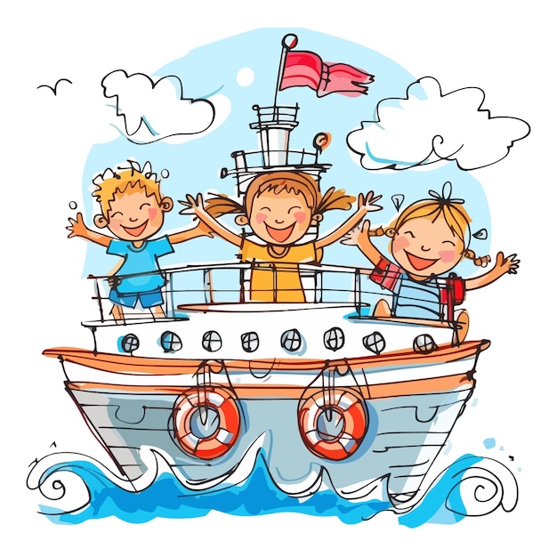 Vector happy kids on a cruise ship vector illustration