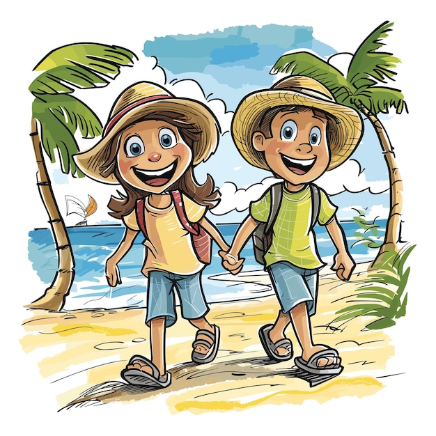 Happy kids enjoying a sunny beach day illustration