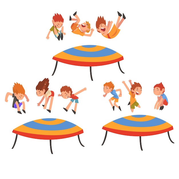 Happy Kids Jumping on Trampoline Set Smiling Little Boys and Girls Trampolining and Having Fun on Trampoline Cartoon Vector Illustration on White Background