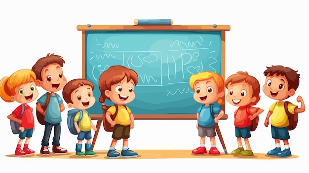 Vector happy kids learning together around chalkboard in cartoon style