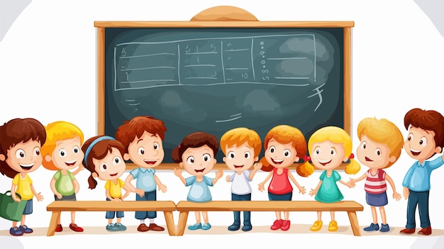 Happy Kids Learning Together Around Chalkboard in Cartoon Style