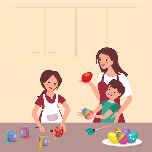 Happy kids and mom paint Easter eggs at the table in the kitchen. Boy and girl make decorations. Joint family preparation for the spring holiday. Vector flat illustration