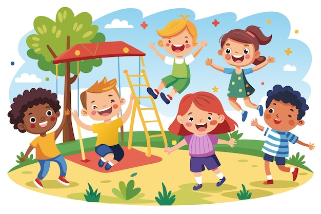 Happy kids playing on a playground with a swingset and ladder