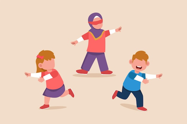 Happy kids playing tag blindfolded Playing activity concept Flat vector illustrations isolated