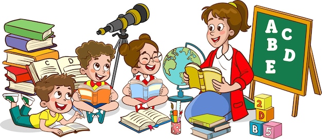 happy kids read book and study together with teacher