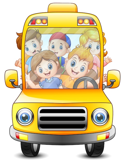 Vector happy kids riding with a bus