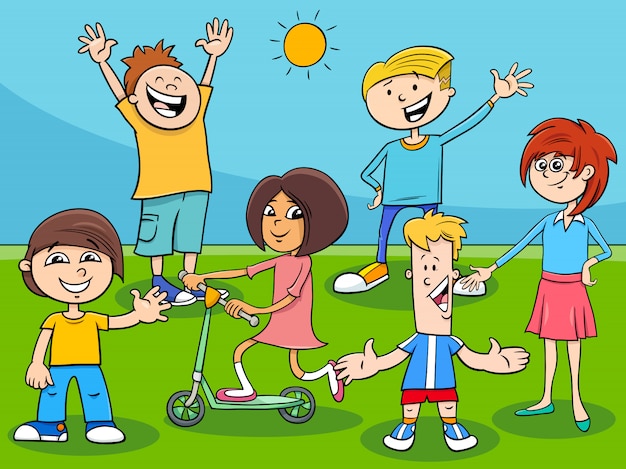 Happy kids and teens cartoon characters group