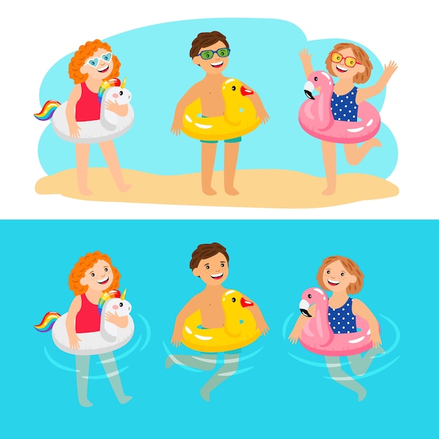 Happy kids with pool swimming rings. Funny and fun children with inflatable pool rings, enjoy summer characters, enjoying kids with rubber animals lifebelts, vector illustration