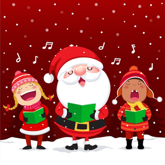 Vector happy kids with santa claus singing christmas carols