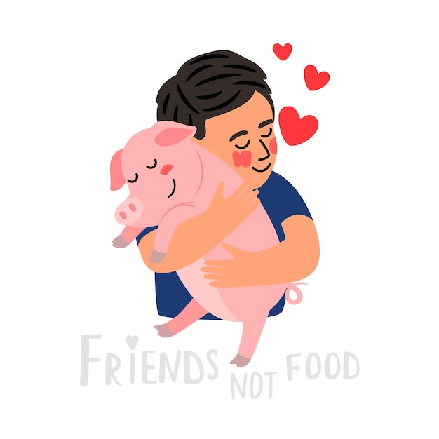 Happy kind boy hugging a piglet and shows his love to animals Nature respect concept and vegan lifestyle Cute pink pig with little hearts Vector illustration friendship between people and animals