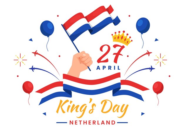 Vector happy kings netherlands day vector illustration with waving flags and ribbon in king celebration