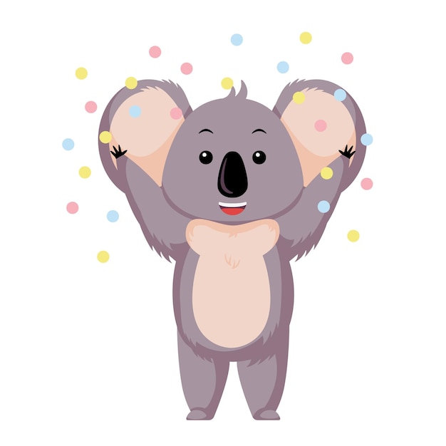 Happy koala with confetti isolated on white background Cartoon character party Design of funny animals sticker for showing emotion Vector illustration